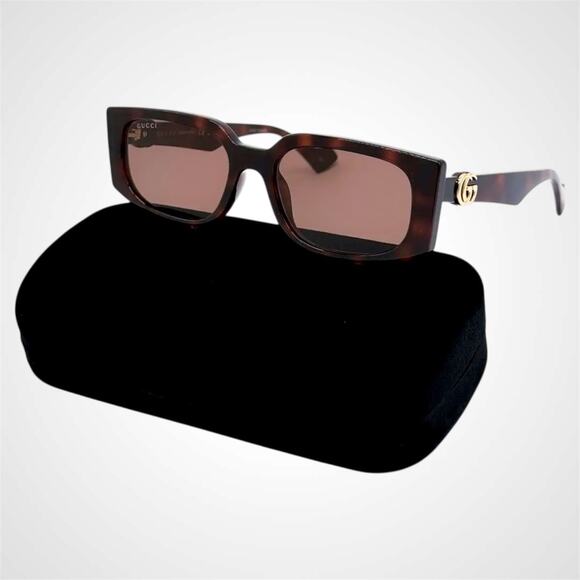NEW GUCCI Sunglasses Brown 55-18-140 New Rectangle Havana Tortoise Gold GG Metal main image 10